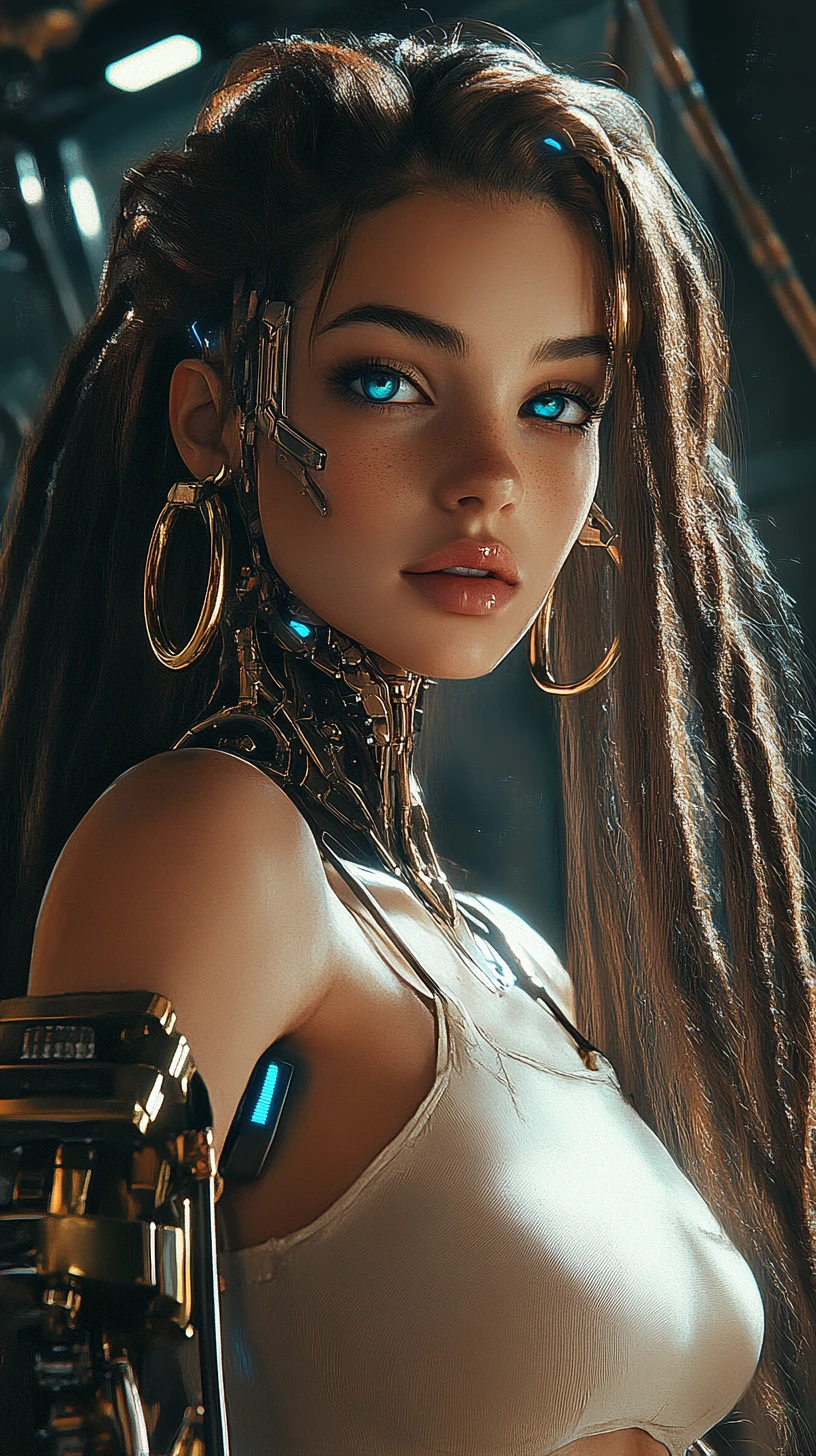 Cyborg-Frau mit goldenen Implantaten in einer Cyberpunk-Gasse
