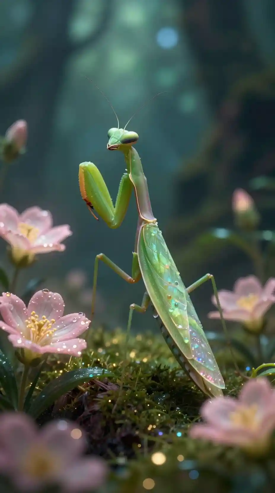 Mystical mantis guardian in an enchanted glowing forest