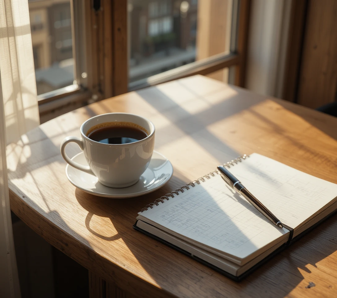 Tasse de café du matin sur la table avec carnet et stylo