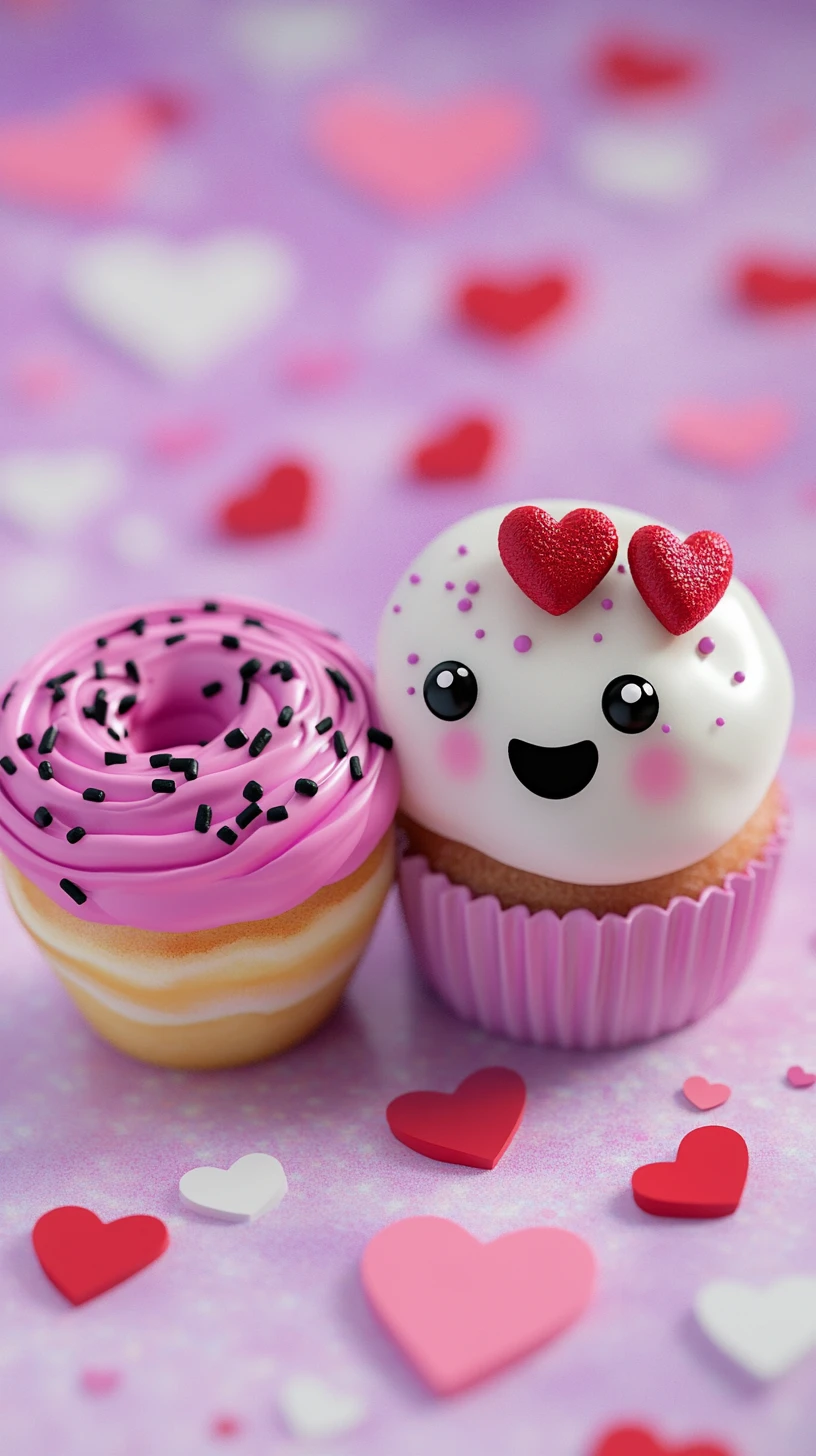 Personagens fofos de donut e cupcake em fundo de corações em tons pastéis