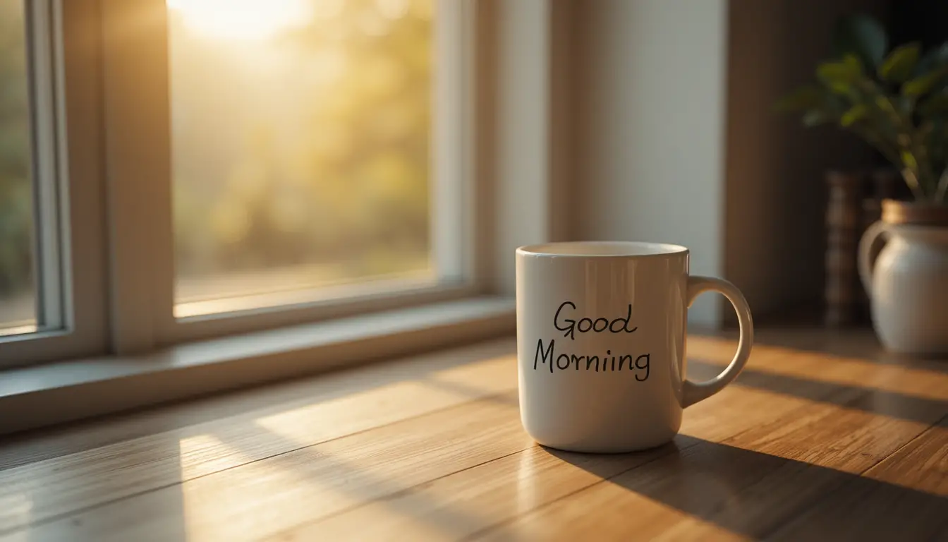 Tazza di caffè accogliente alla finestra nella calda luce del mattino