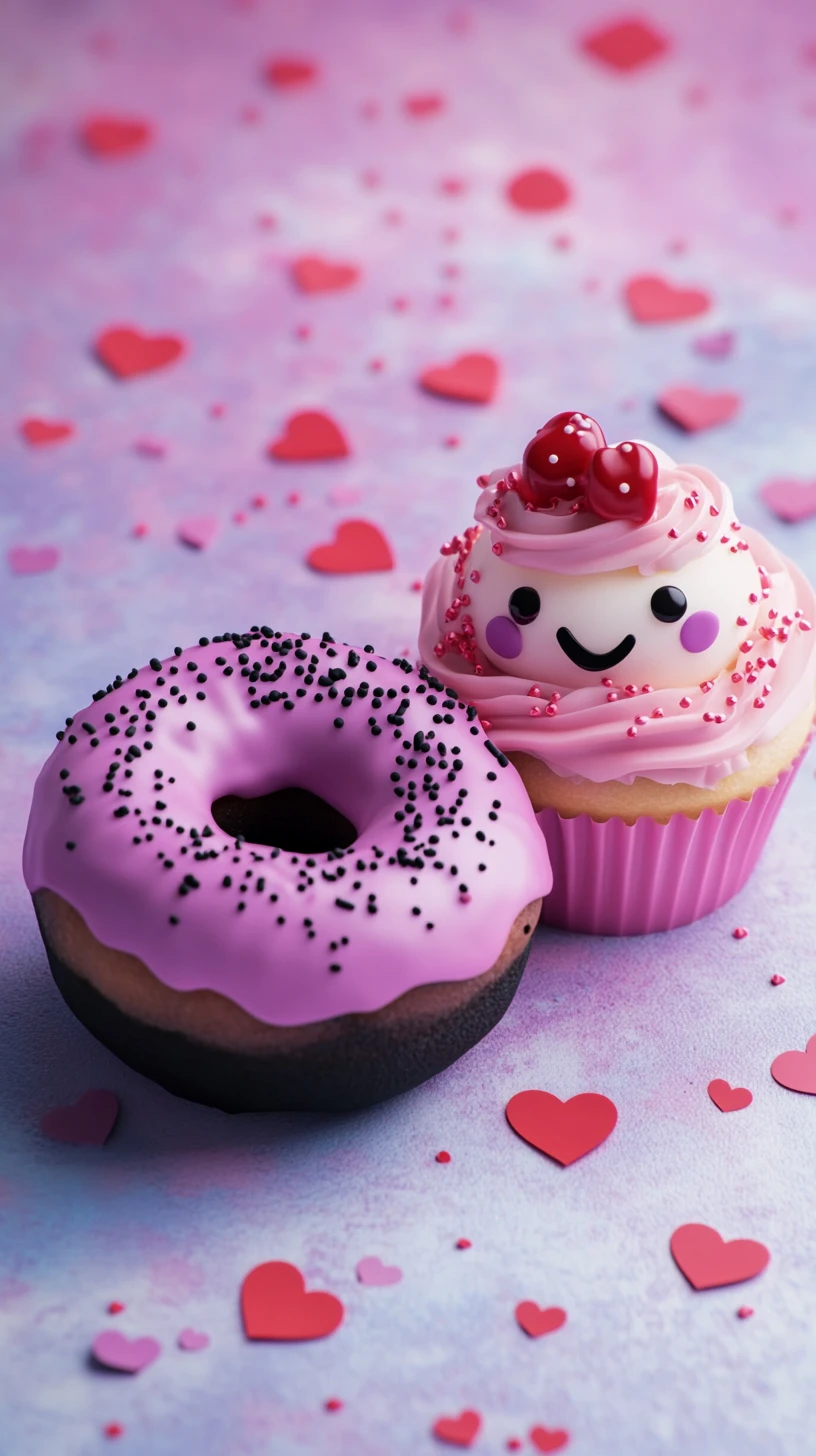 Personagens fofos de donut e cupcake em fundo de corações em tons pastéis