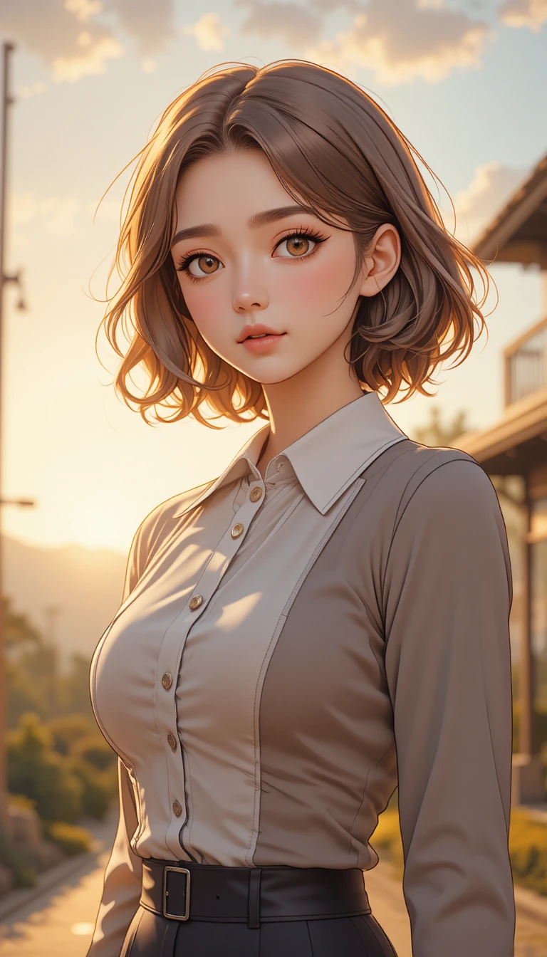 Ragazza anime timida all’alba con caldi occhi color nocciola