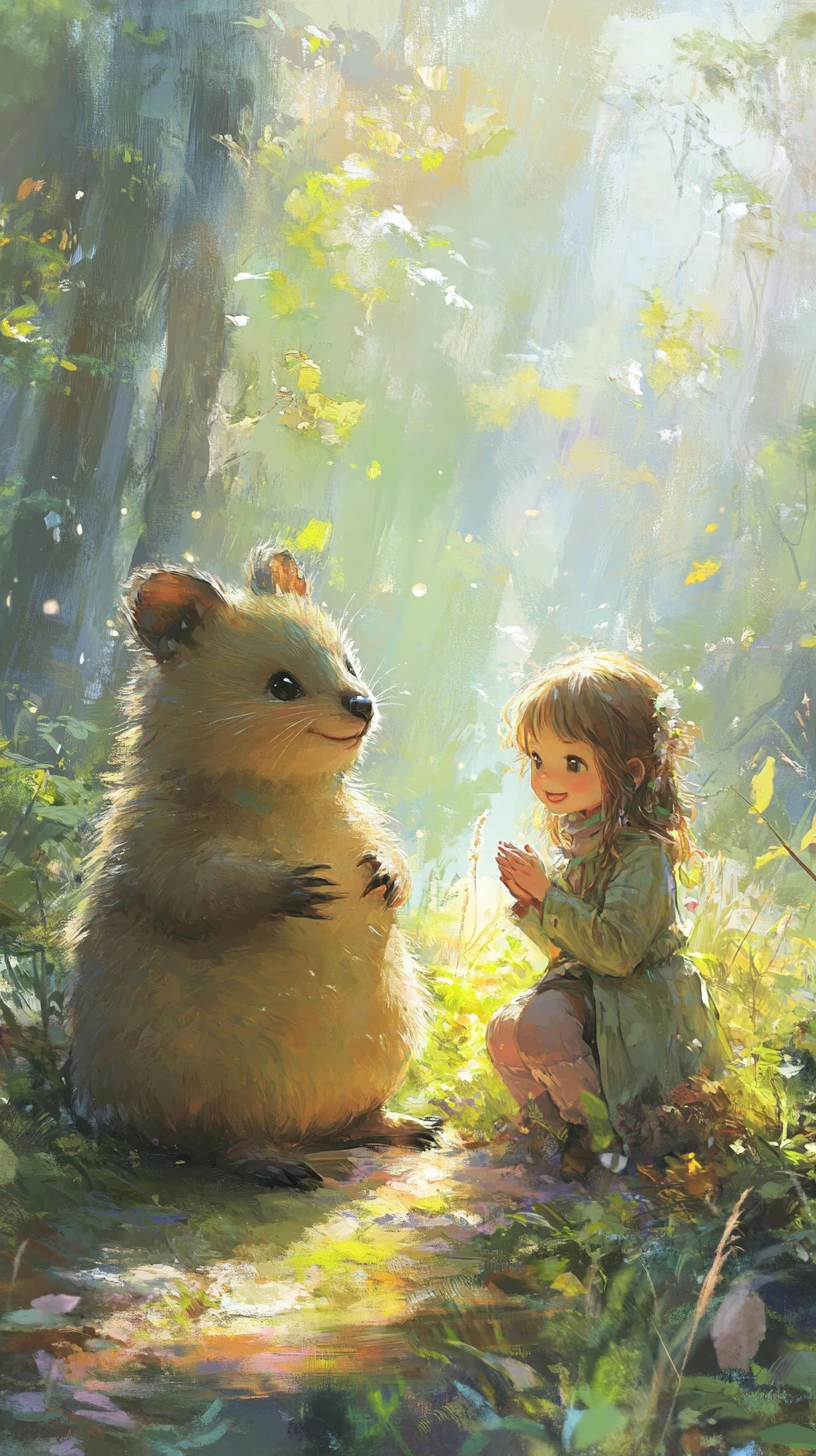 Ragazza con quokka amichevole in paesaggio fantasy dai toni pastello