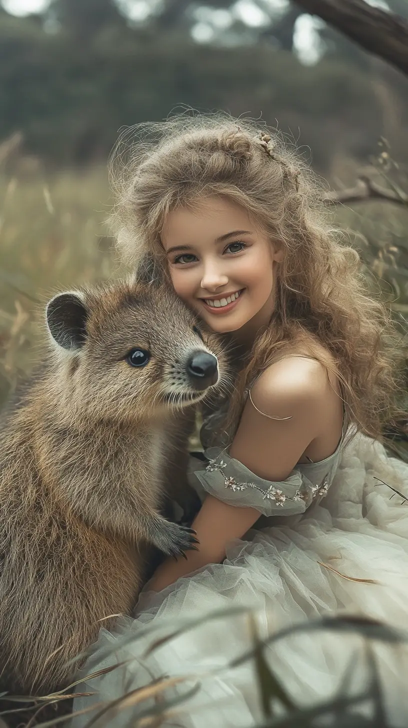 Quokka sonriente y niña en un paisaje invernal en tonos pastel