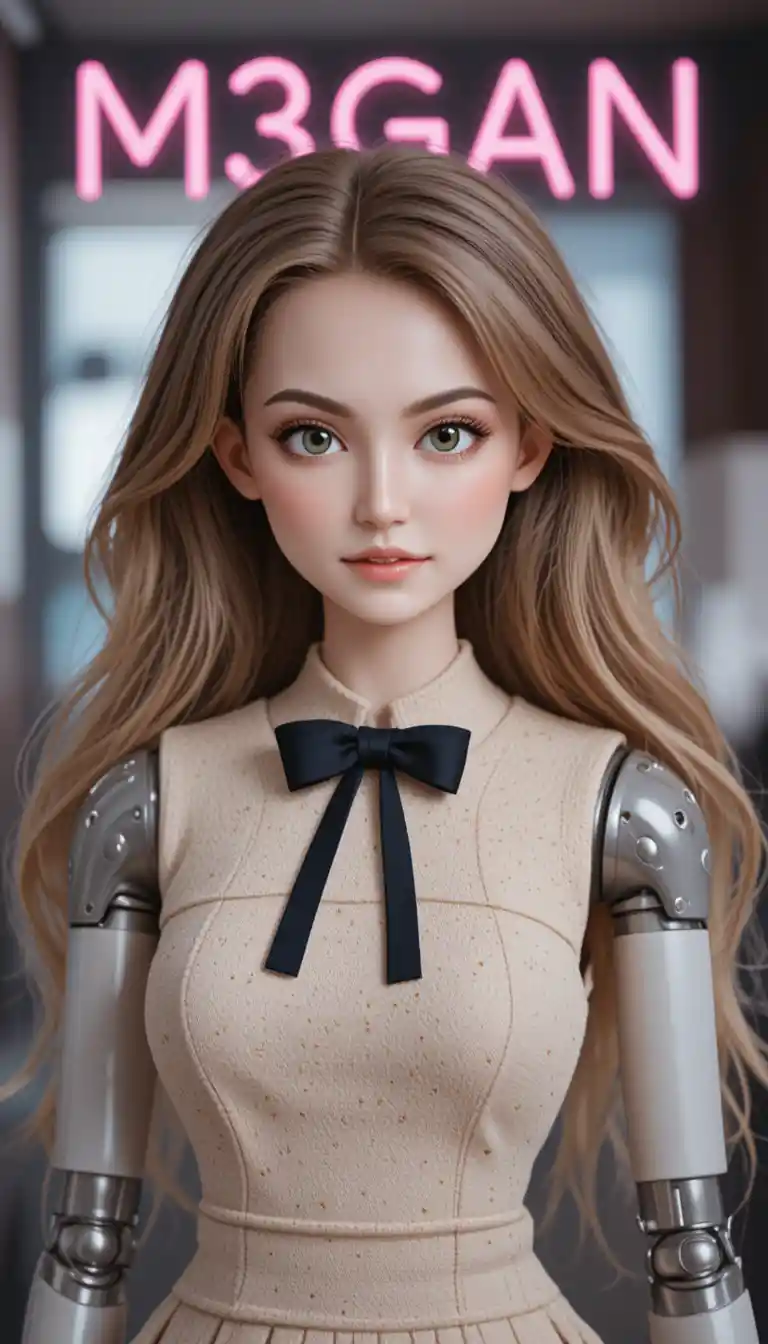 Lifelike blonde doll with robotic arms and neon title