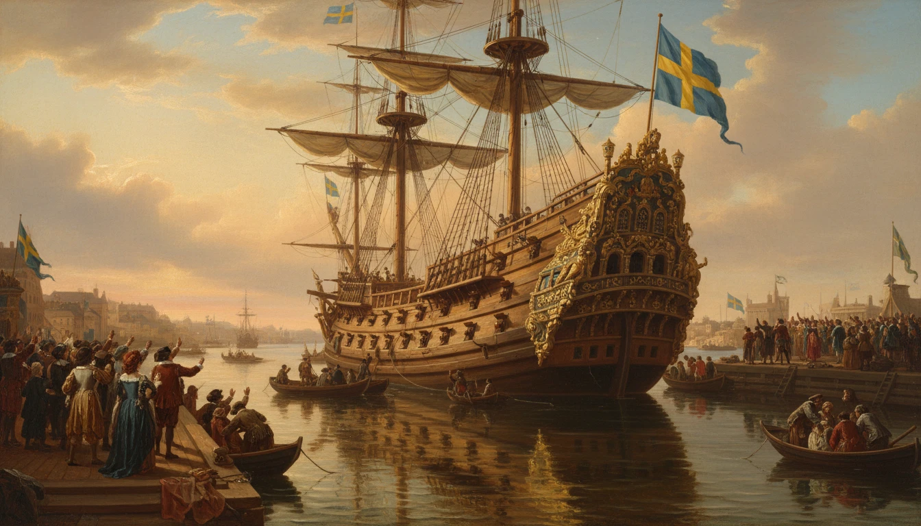 Swedish Warship Vasa Launching In A Majestic Historical Harbor Scene