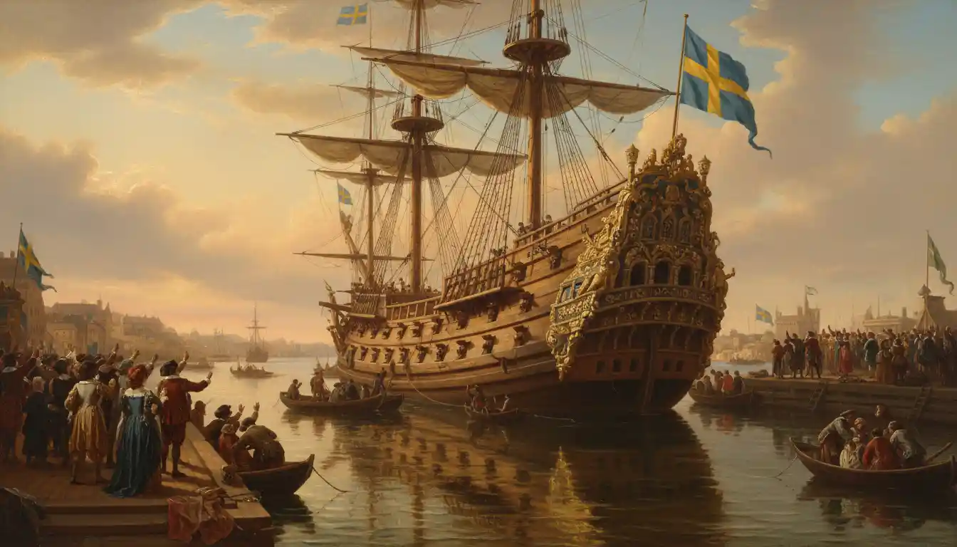 Swedish Warship Vasa Launching In A Majestic Historical Harbor Scene