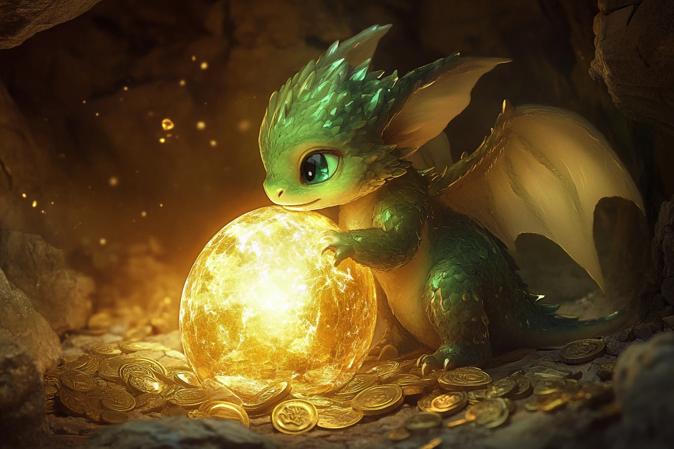 Babydrache umschlingt leuchtendes Edelstein-Ei in Höhle