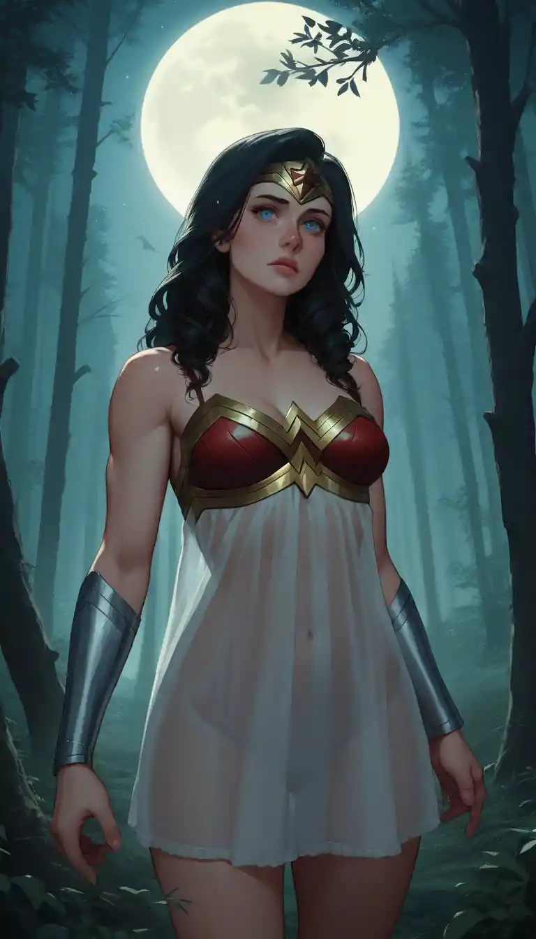 Anime fantasy woman crying under a moonlit forest sky