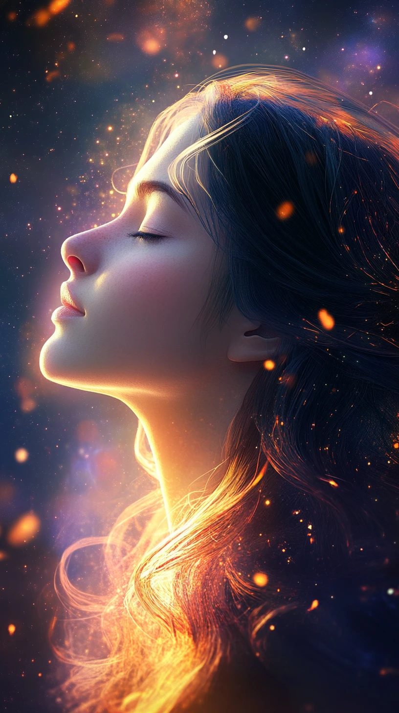Ethereal Woman With Nebula Hair In Cosmic Portrait