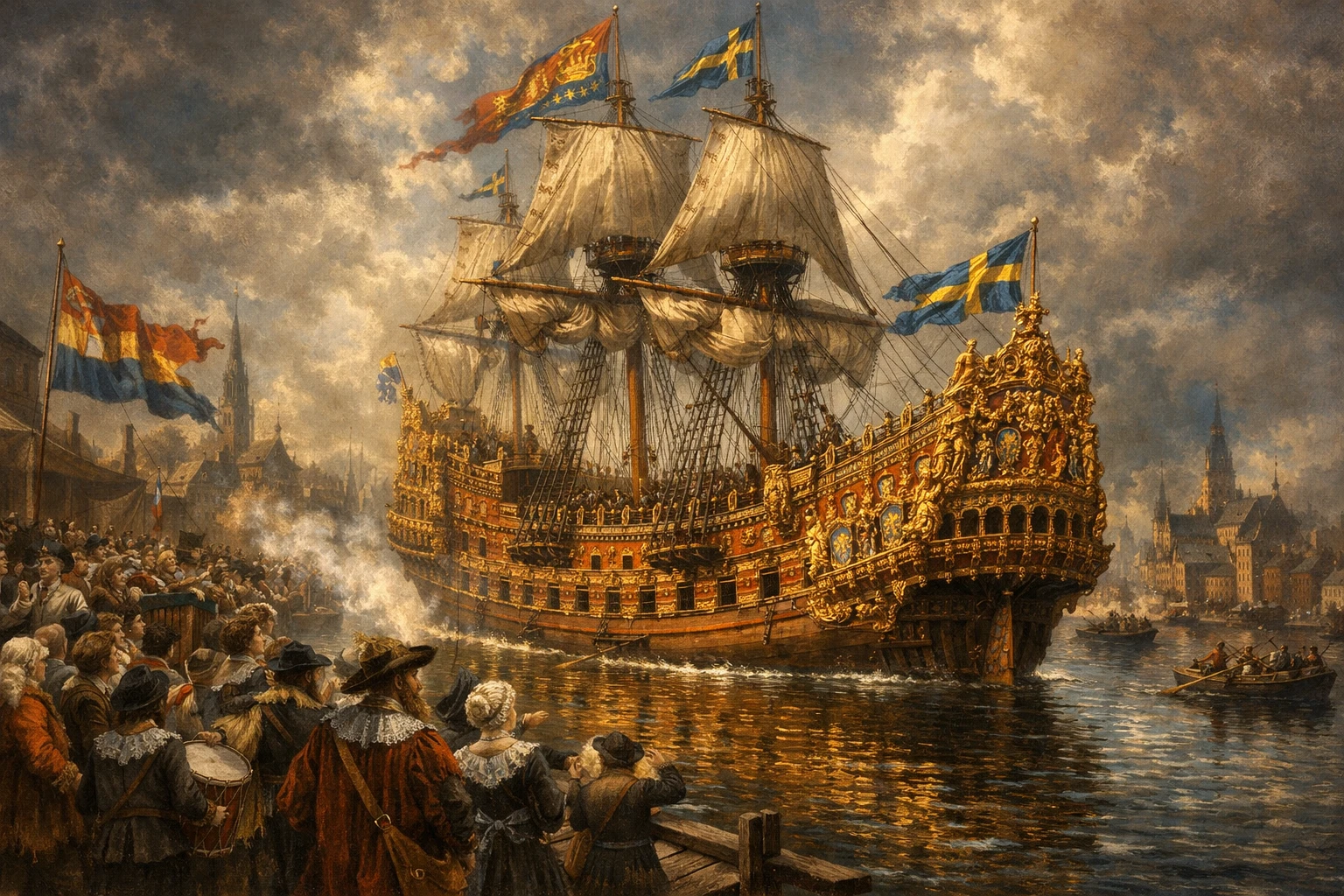 Maestosa nave da guerra svedese Vasa che salpa in un porto storico