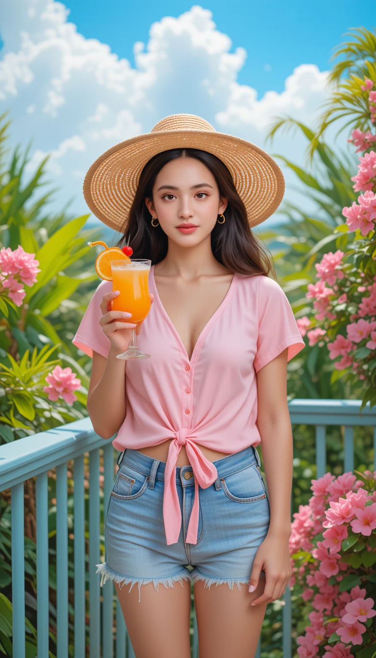 Smiling young woman on sunny balcony with tropical cocktail