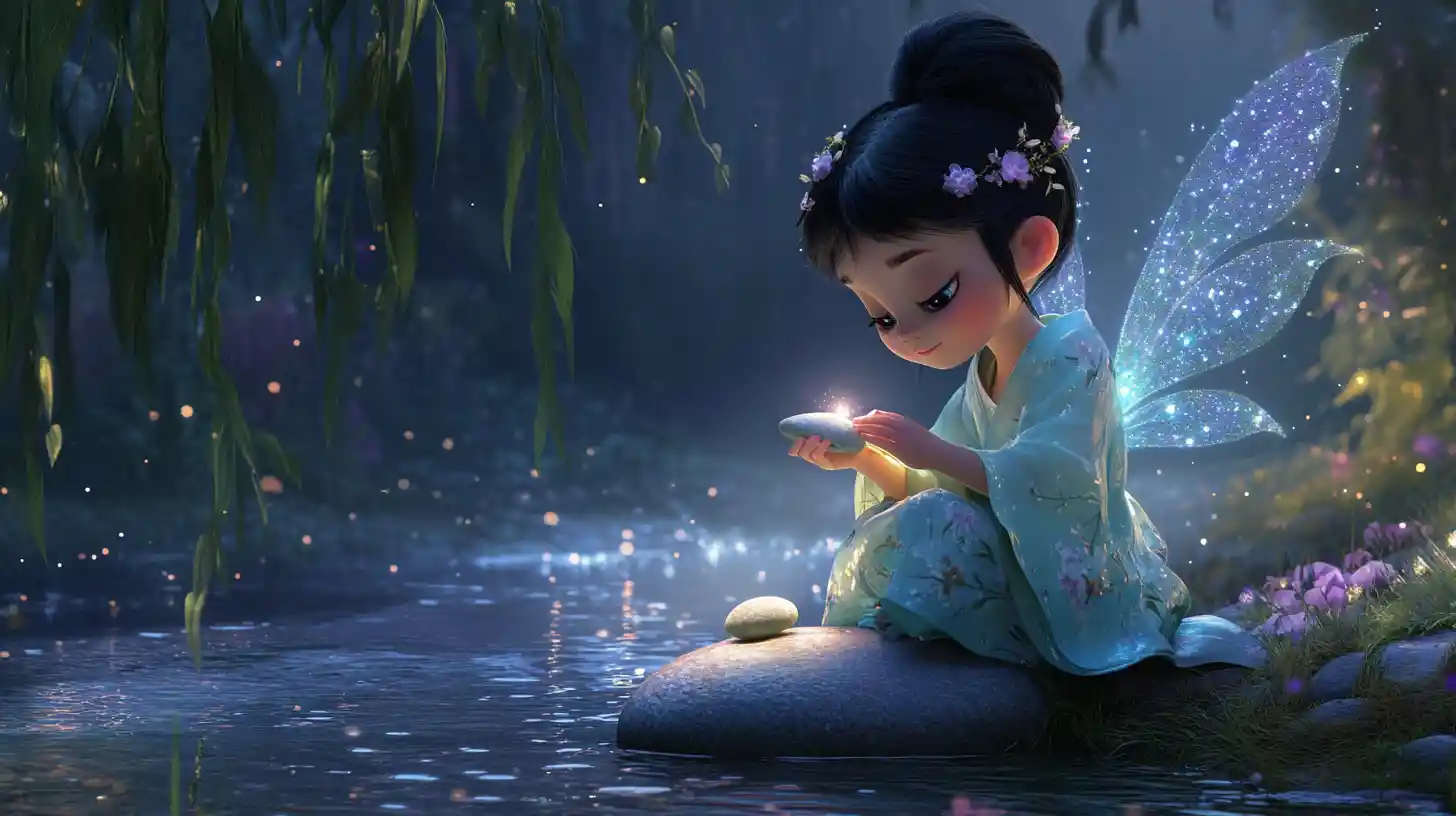 Baby fairy painting stars on a pebble by moonlit stream