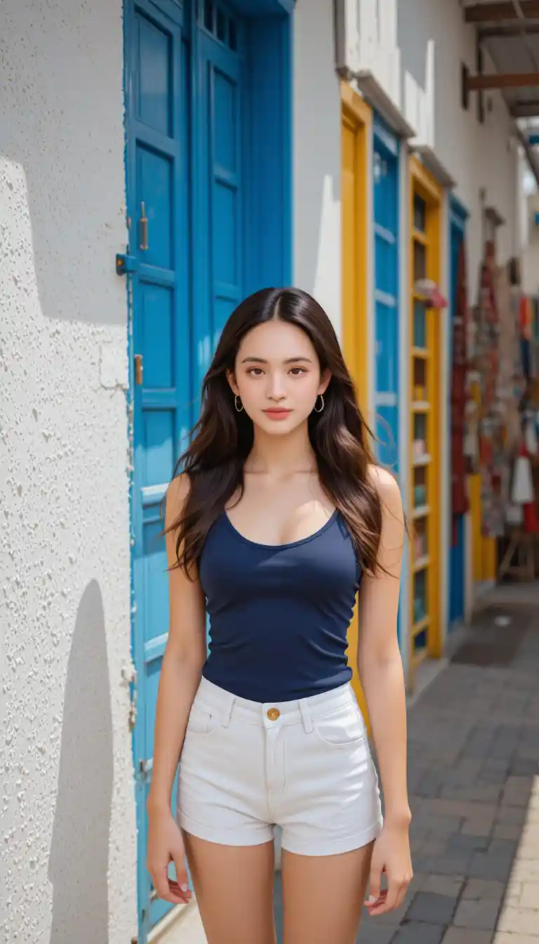 Jeune femme en tenue d’été dans une rue de marché colorée