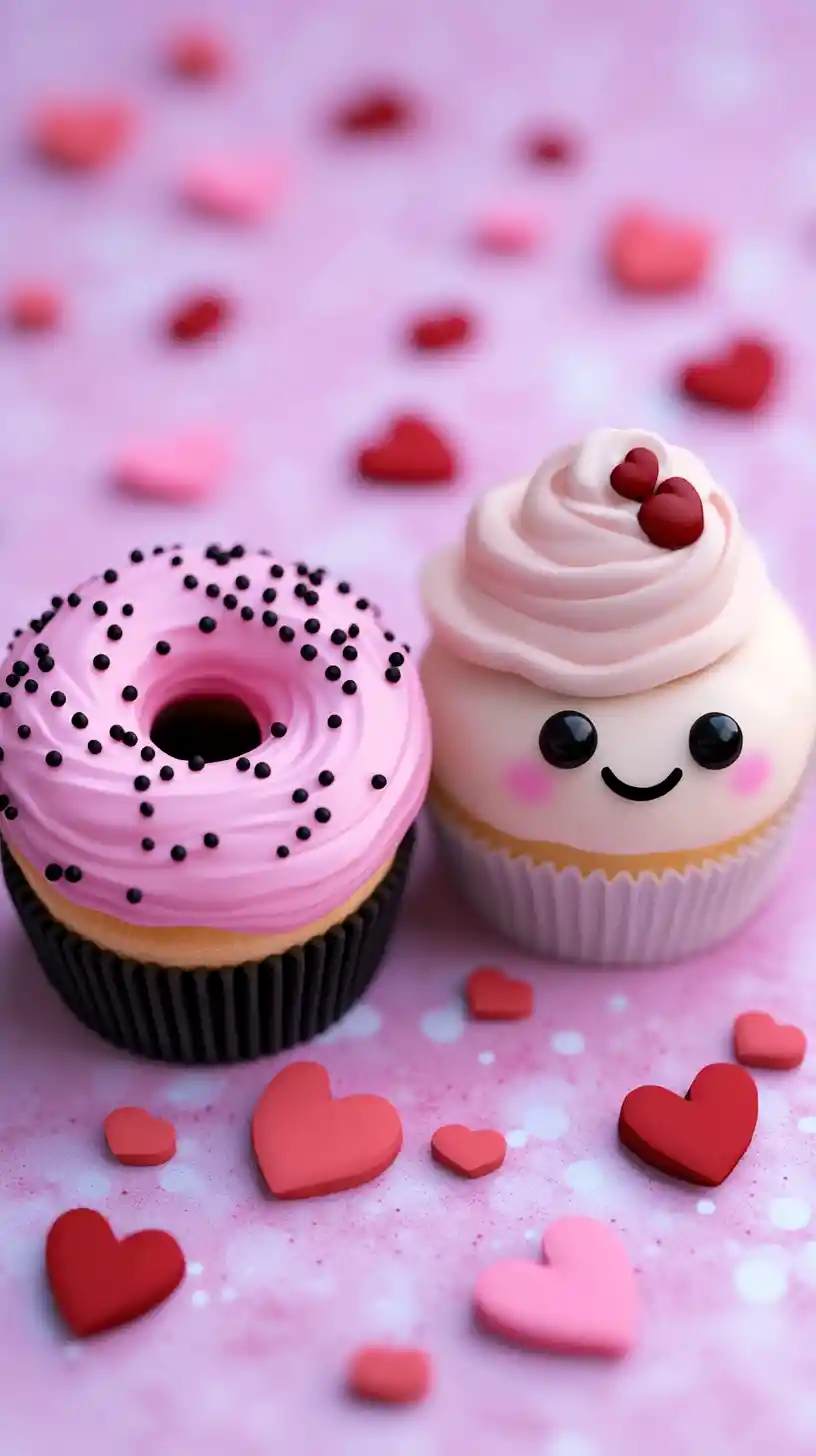 Donut e cupcake fofos em fundo pastel cheio de corações