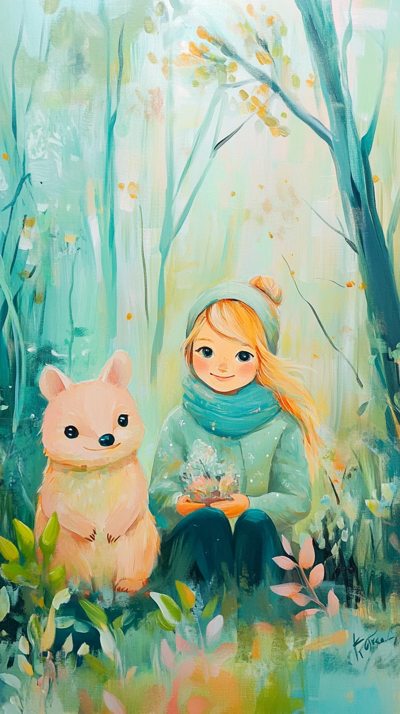 Ragazza con quokka in un paesaggio fantasy ad acquerello dai toni pastello