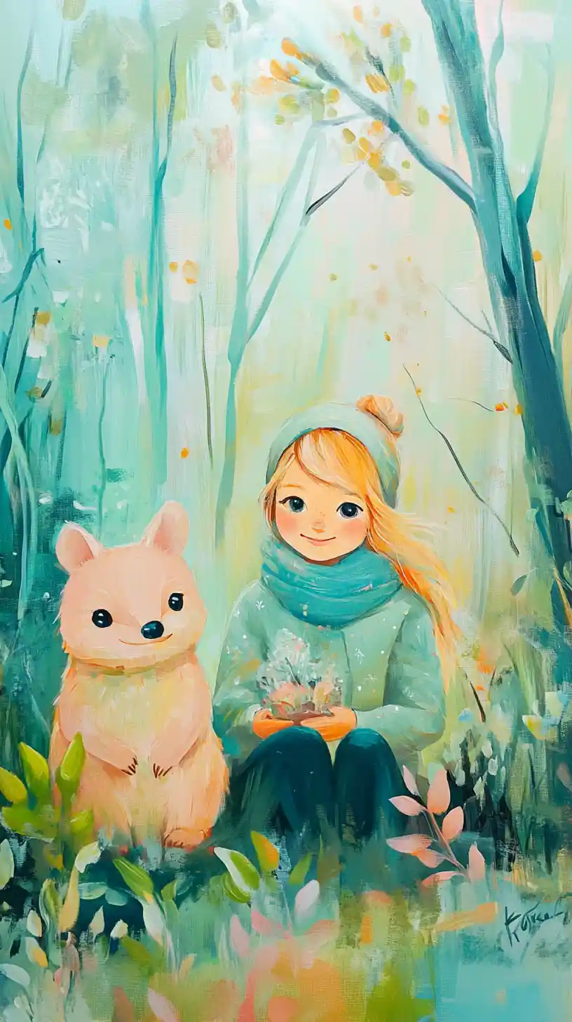 Mädchen mit Quokka in einer pastellfarbenen Fantasy-Aquarelllandschaft