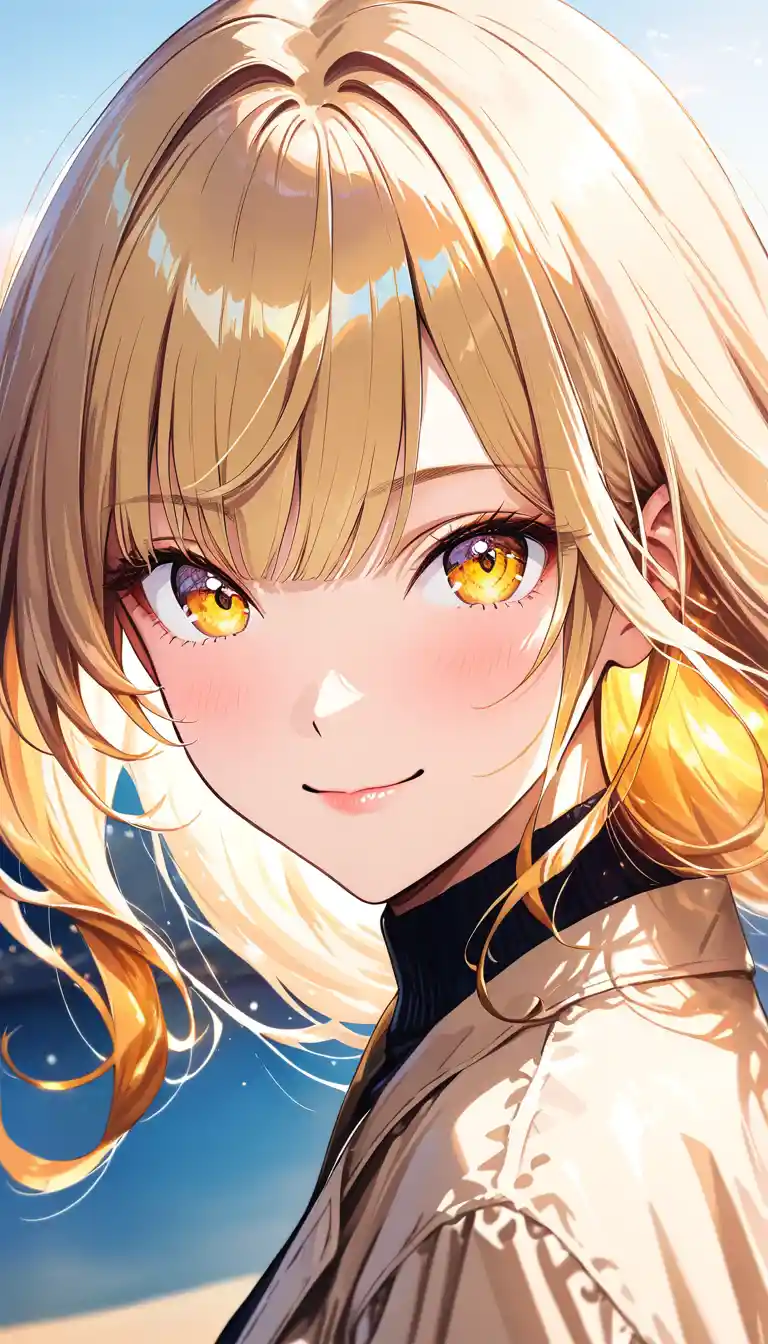 Playful golden eyed man in sunrise anime portrait