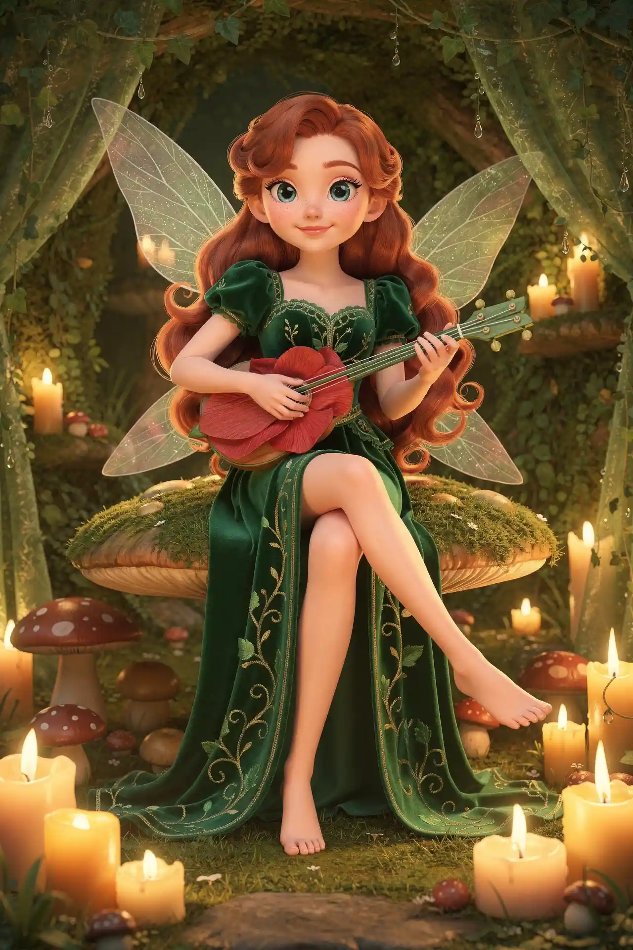 Fairy minstrel on a mossy toadstool in candlelit hollow