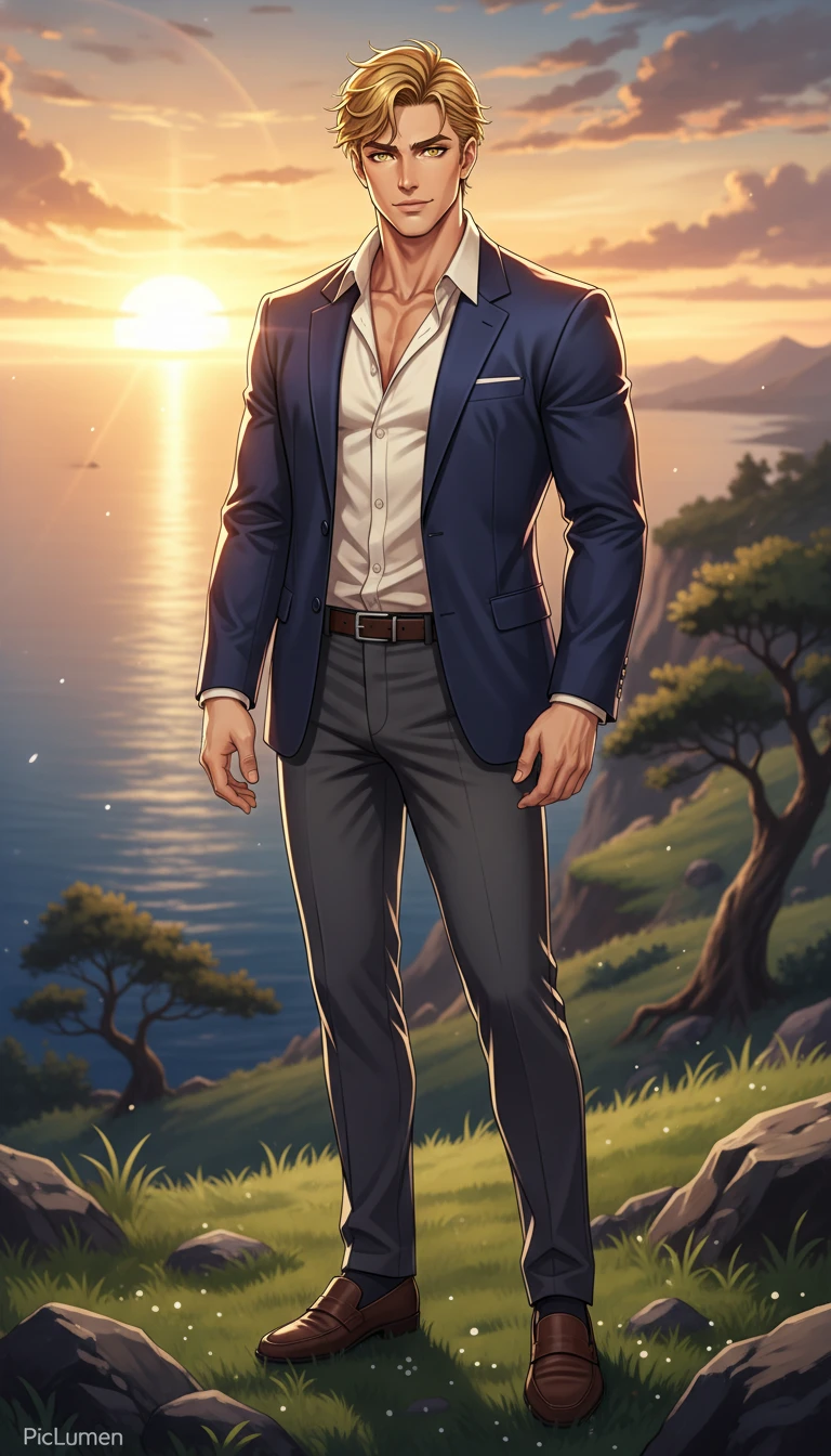 Homem sedutor de anime em retrato corporal completo ao nascer do sol ao ar livre