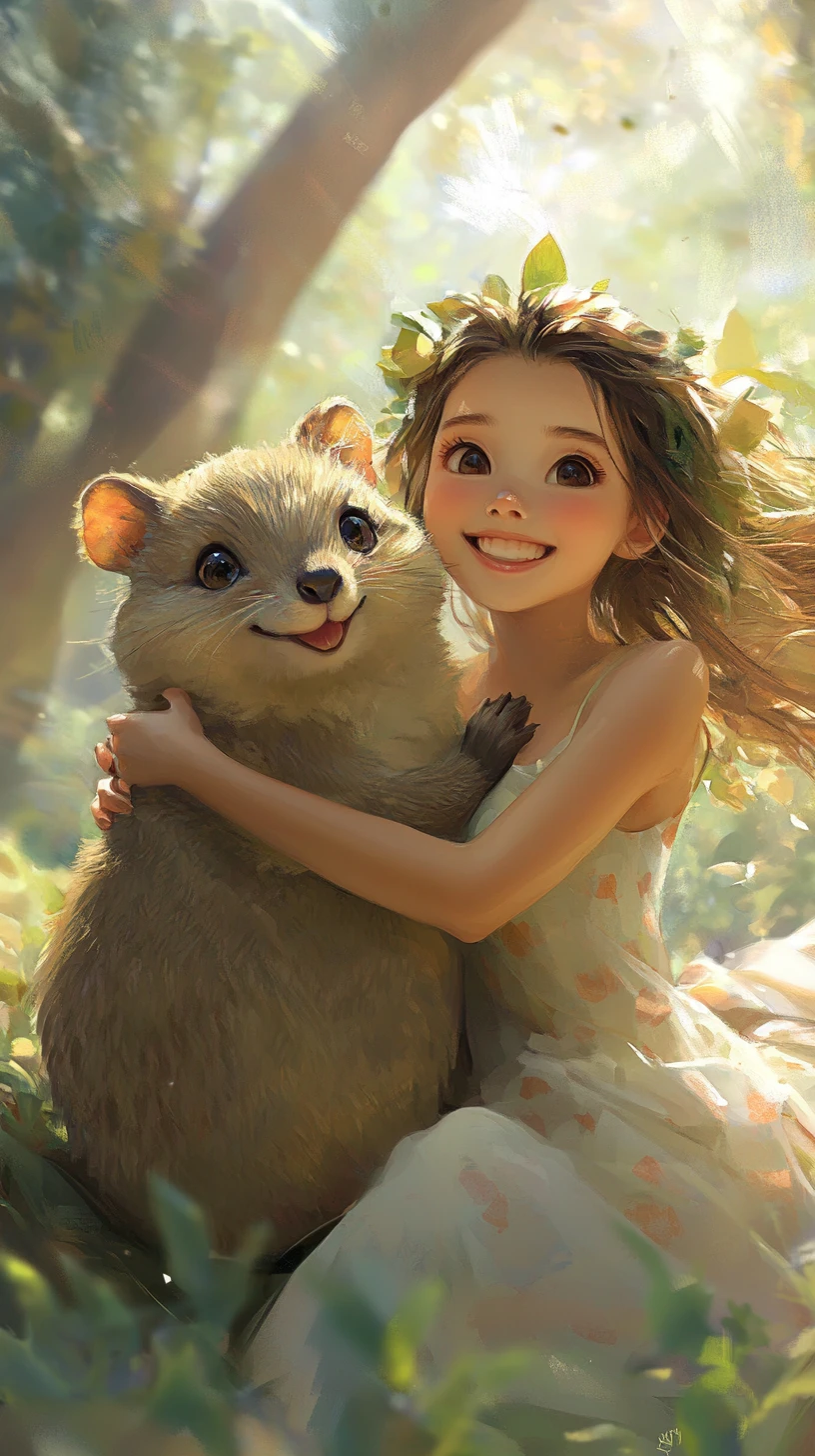 Quokka sorridente e ragazza in un morbido paesaggio invernale pastello