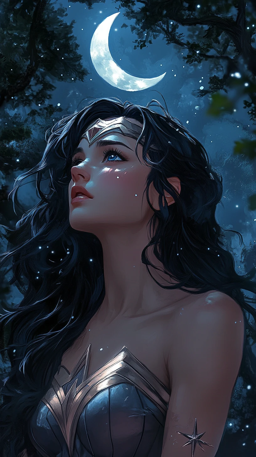 Anime woman under crescent moon in misty forest