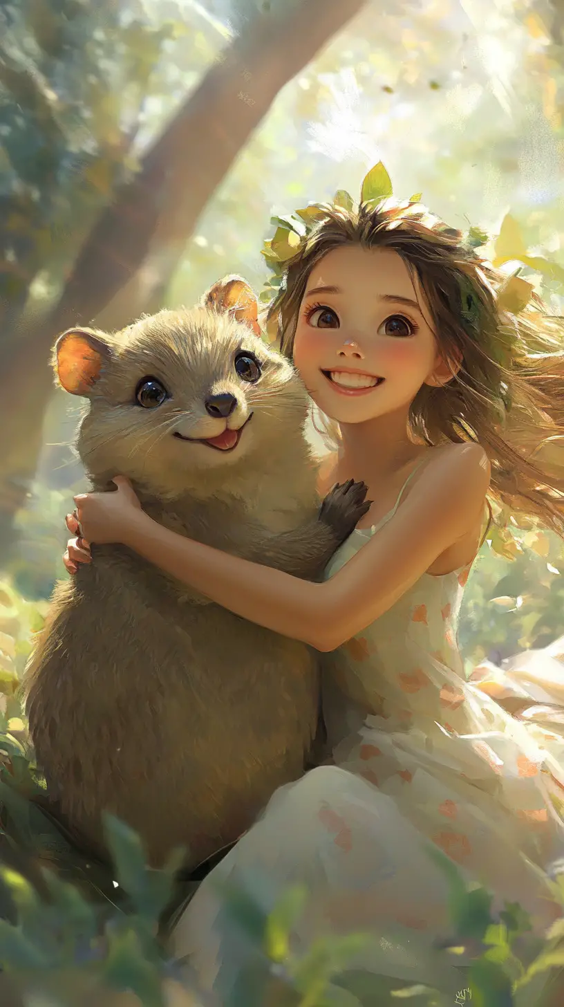 Quokka sonriente y niña en un suave paisaje invernal en tonos pastel
