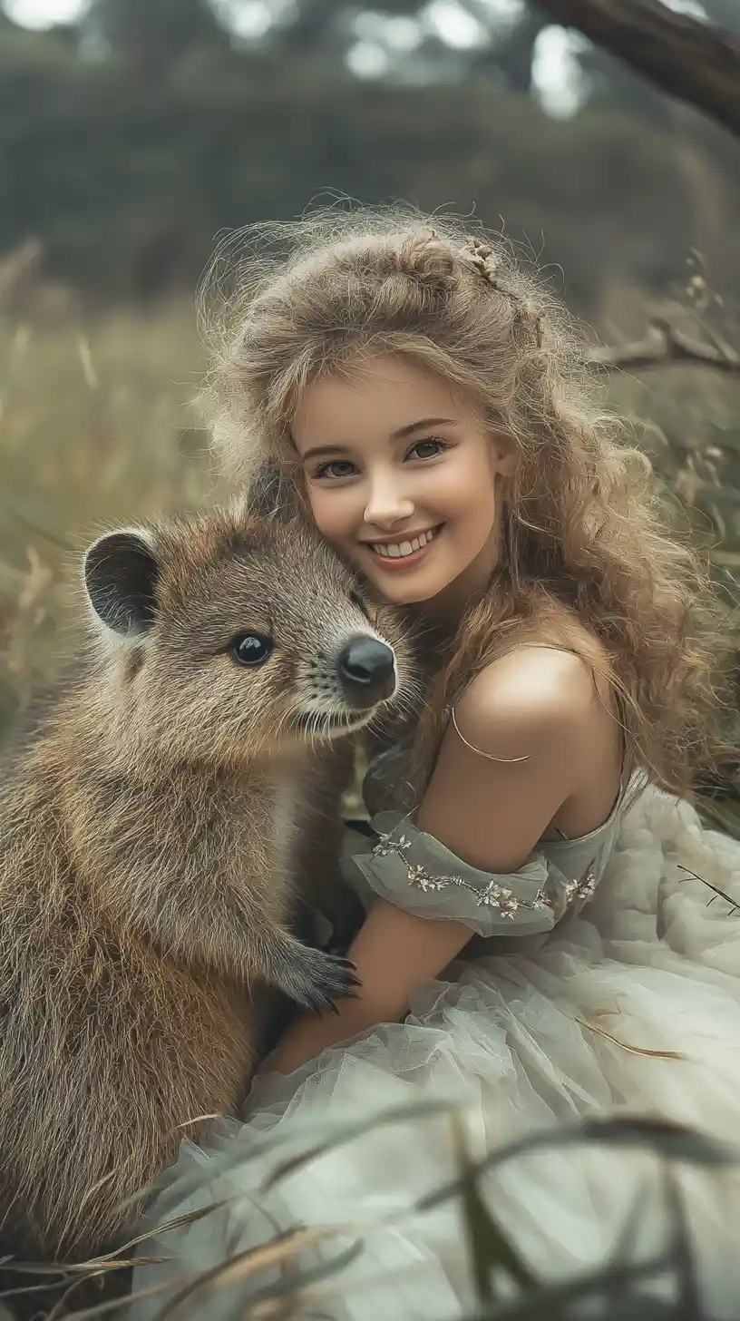 Quokka sorridente e ragazza in un paesaggio invernale pastello