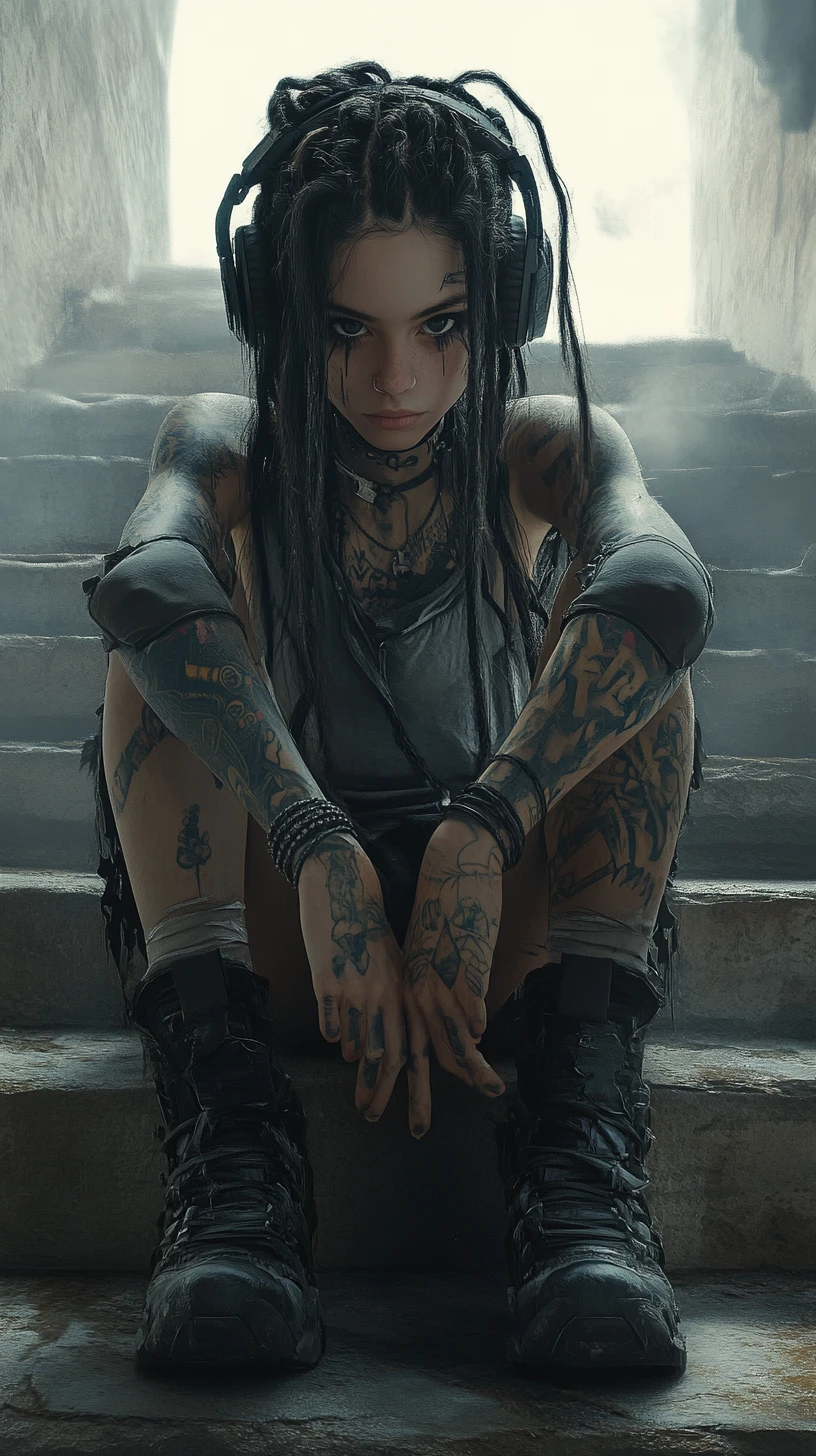 Tattooed girl with dreadlocks on foggy stone steps