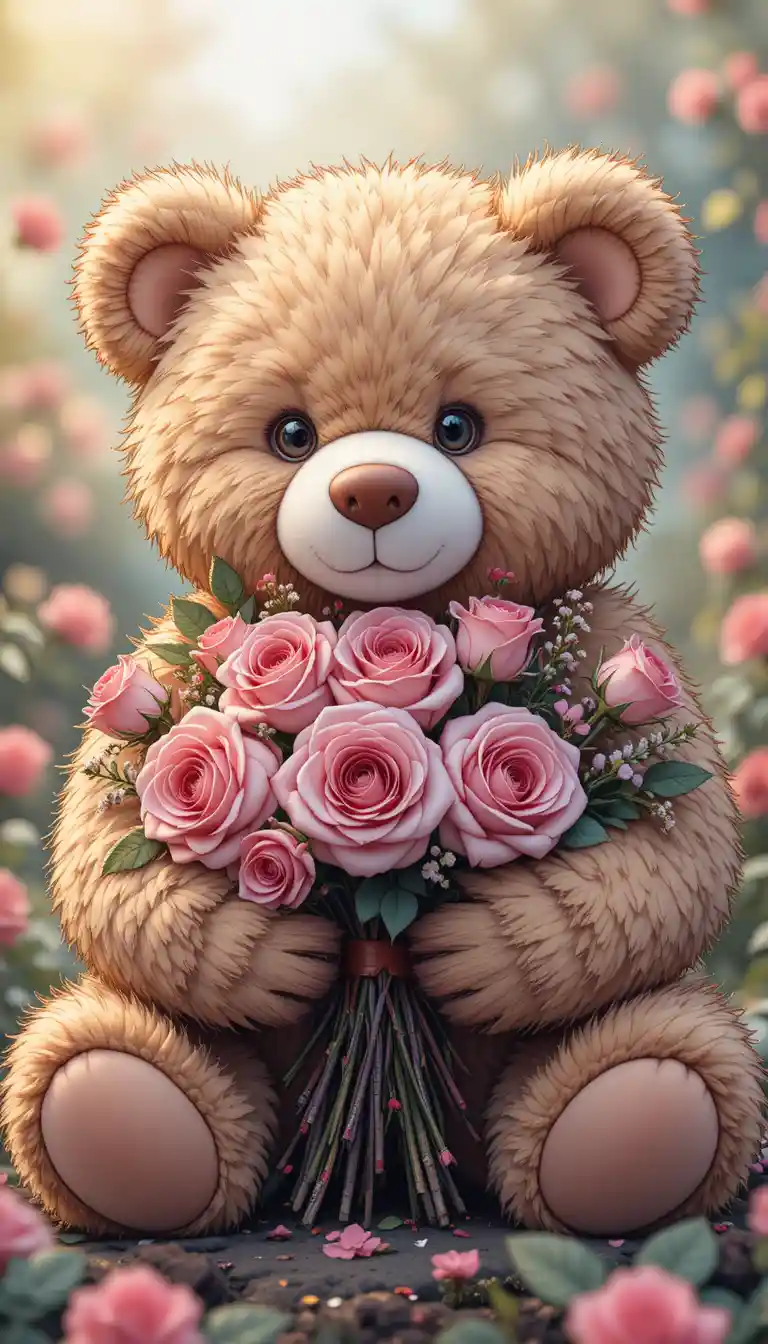 Orsetto di peluche che tiene in mano rose in una delicata illustrazione lineare