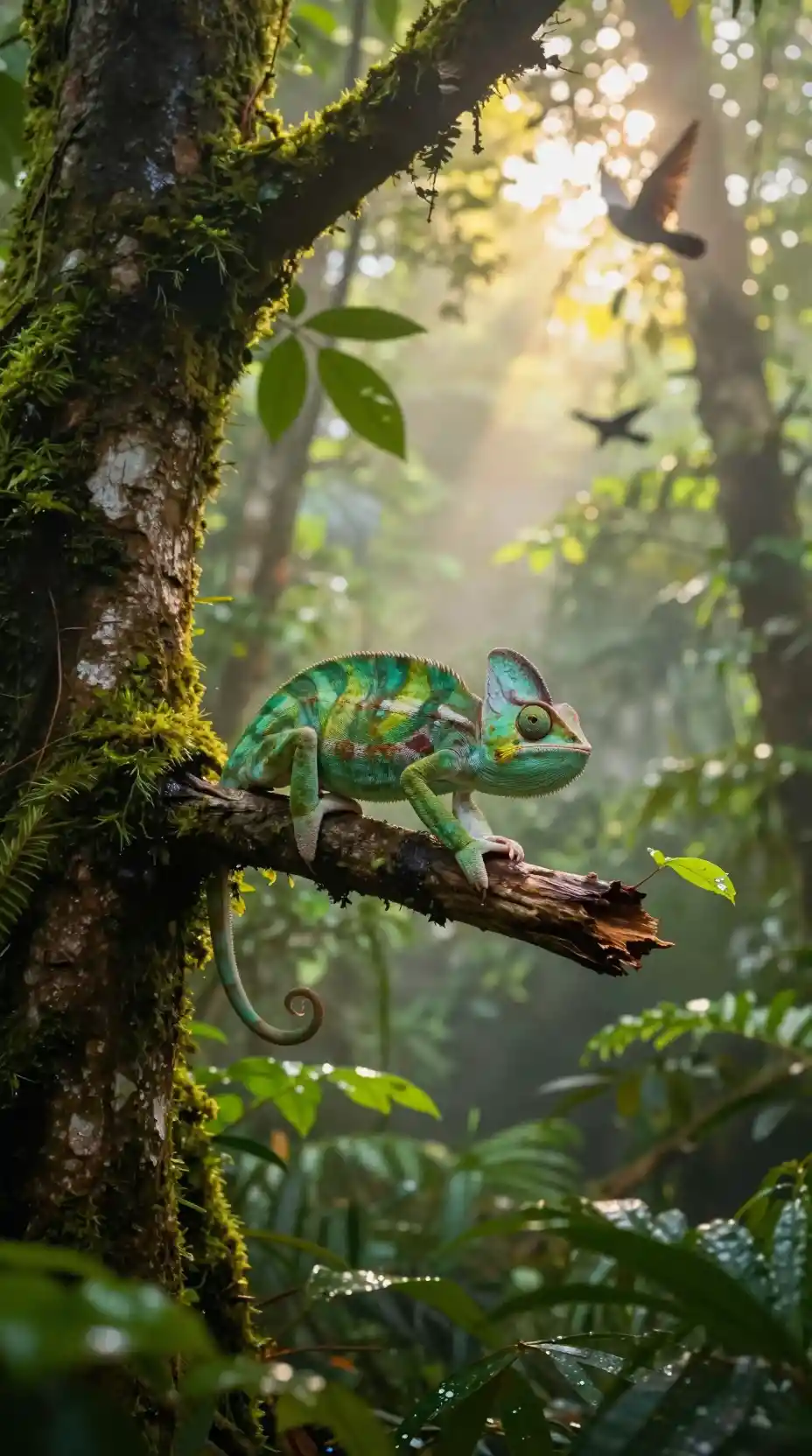 Camaleón verde descansando en una rama en una selva lluviosa con niebla