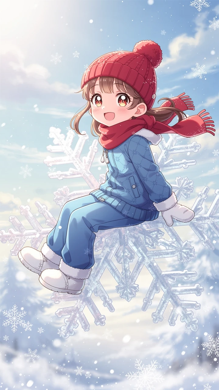 Smiling anime girl sitting on a giant winter snowflake