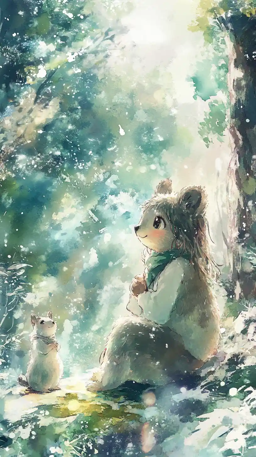 Glückliches Quokka mit Mädchen in einer pastellfarbenen Fantasielandschaft