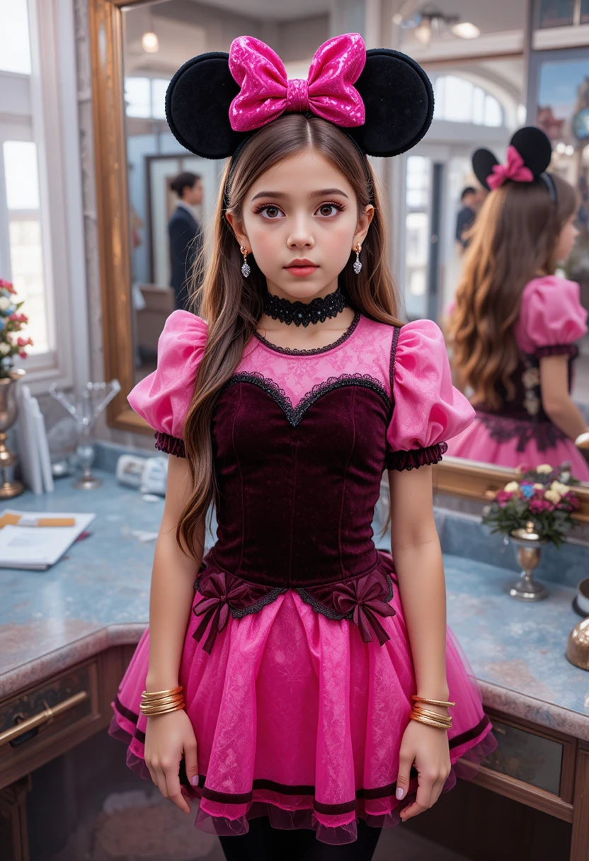 Menino pré-adolescente nervoso com vestido rosa da Minnie em penteadeira de boutique