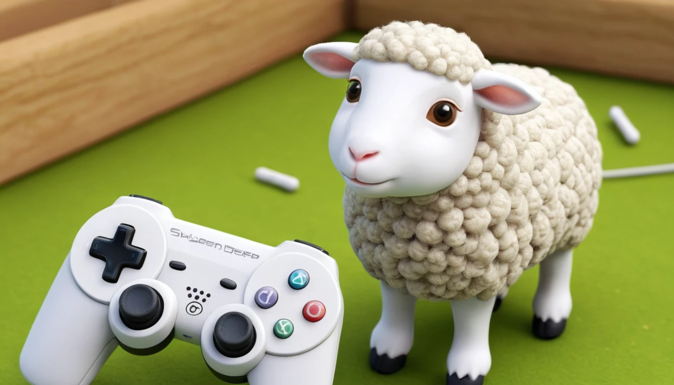 Kleines weißes Schaf spielt auf einer modernen Spielekonsole