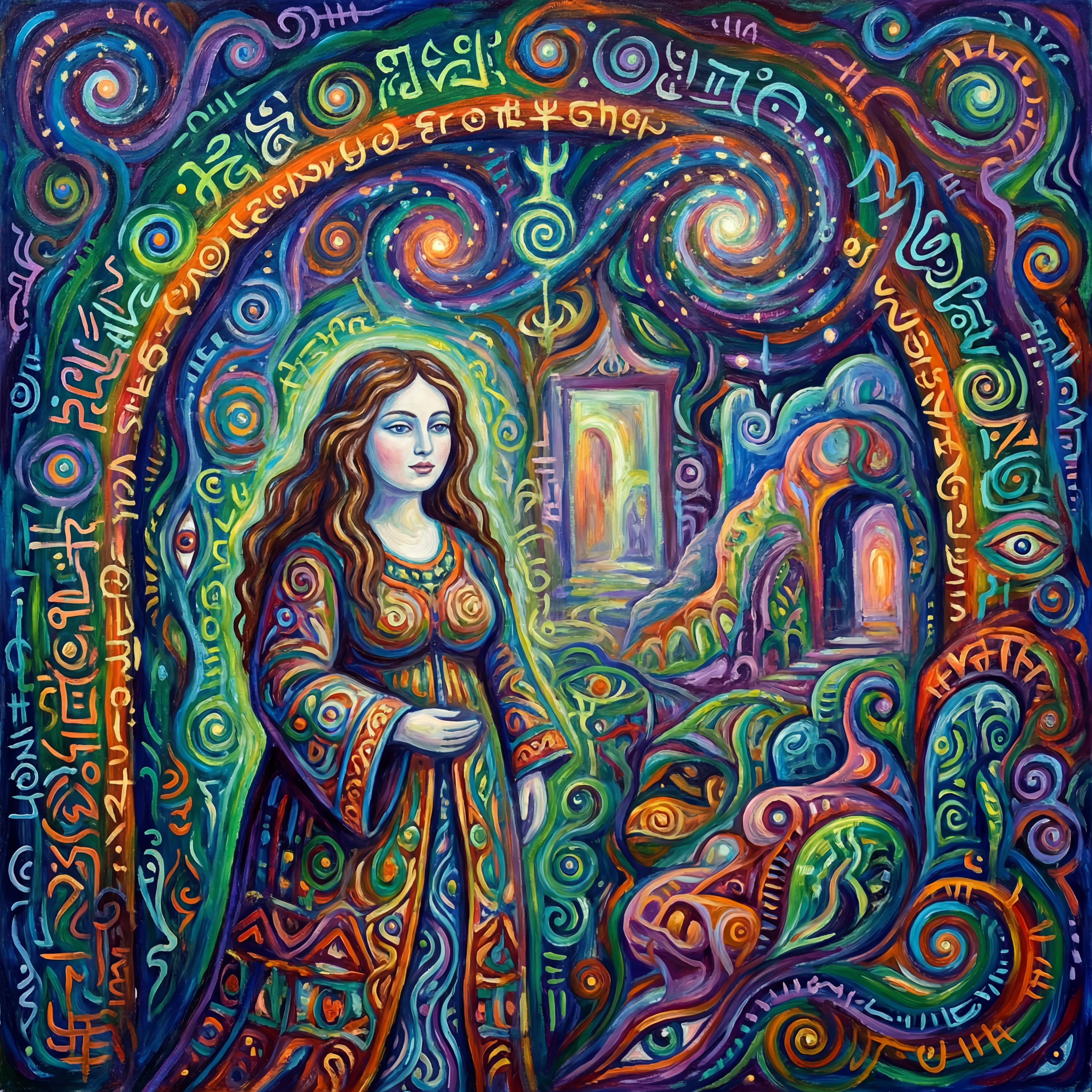 Mystical woman at the threshold of a surreal dream realm
