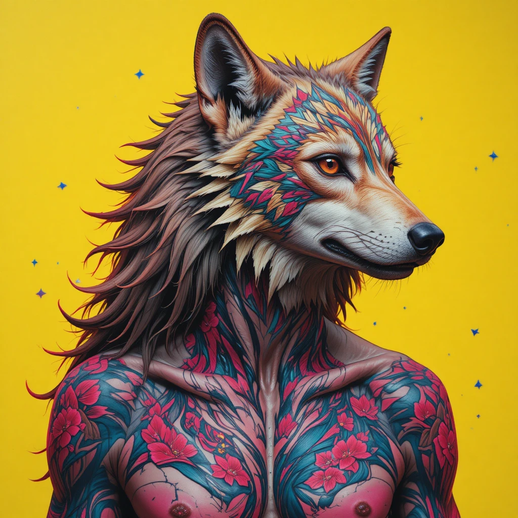 Retrato de lobo tatuado em vibrantes cores neo punk do deserto