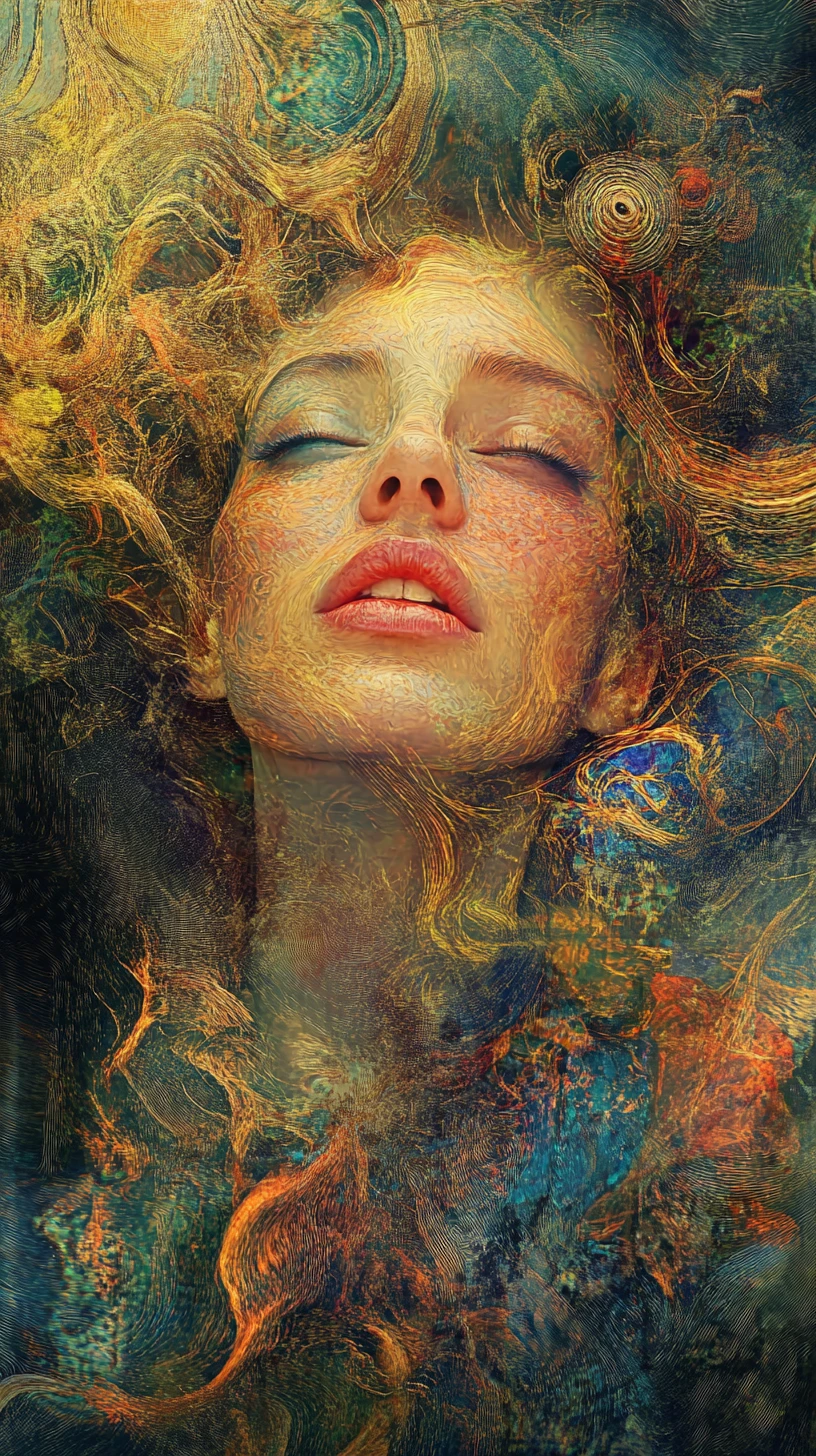 Surreal portrait of a woman in a dreamlike golden mist