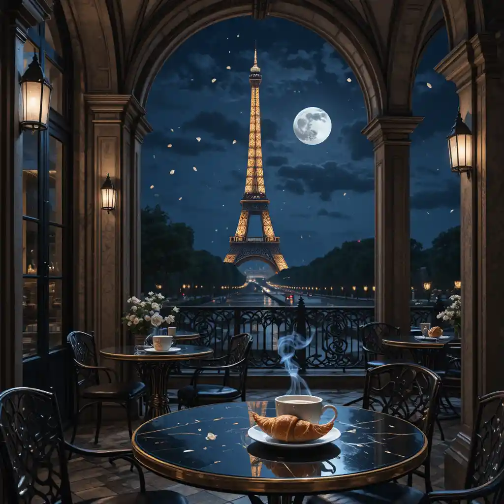Terrazza di caffè parigino di notte con Torre Eiffel al chiaro di luna