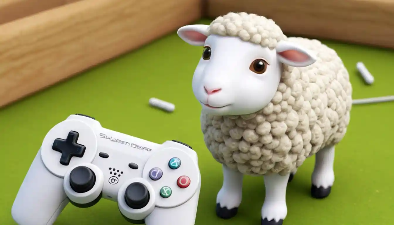 Tiny white sheep playing on a modern game console