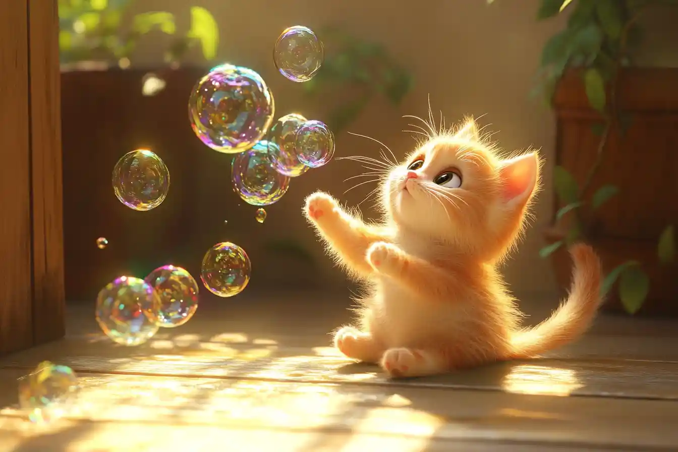 Kitten Playing With Iridescent Fish Shaped Soap Bubbles