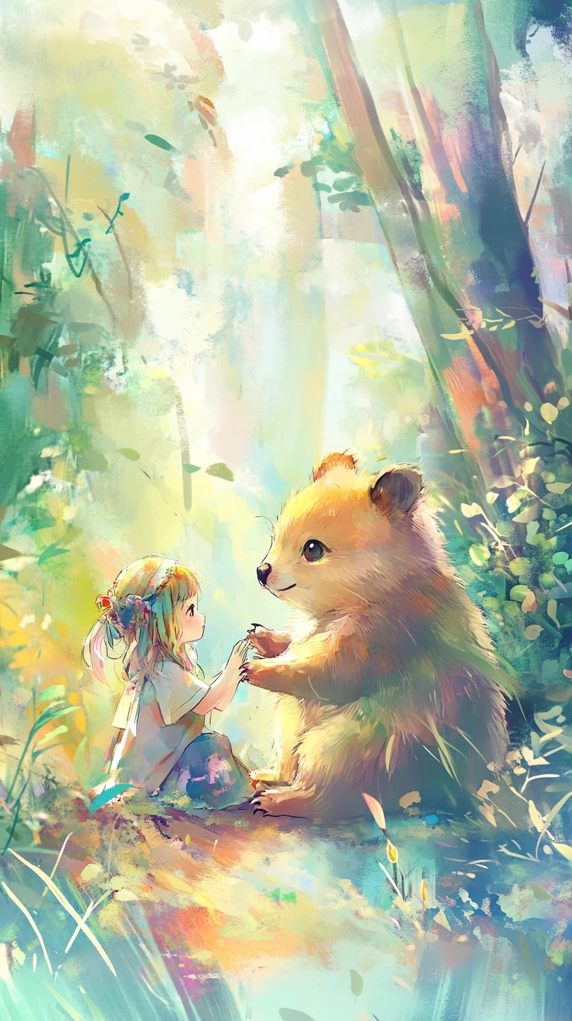 Quokka felice con una ragazza in un paesaggio fantasy pastello