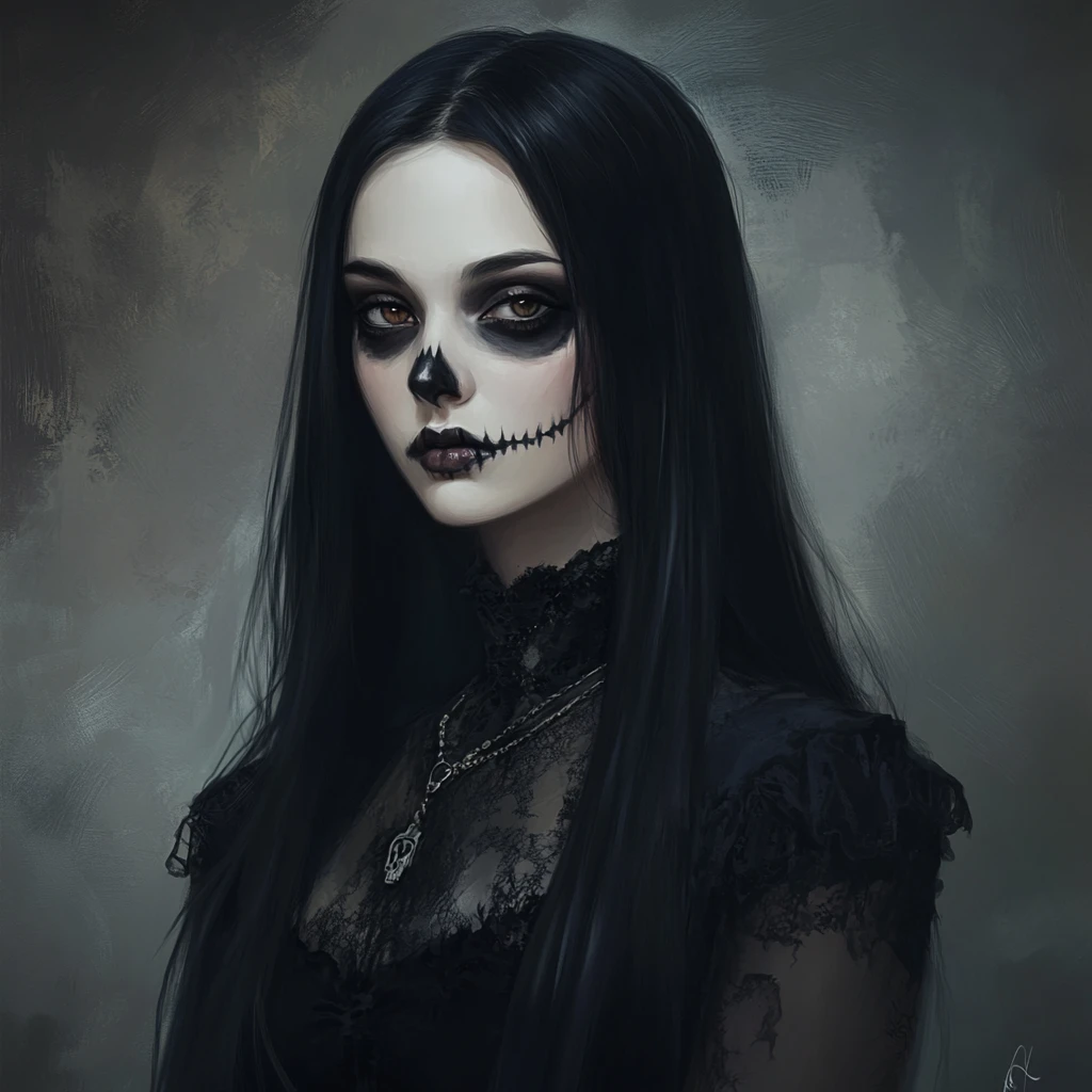 Gothic witch with skull makeup and long black hair