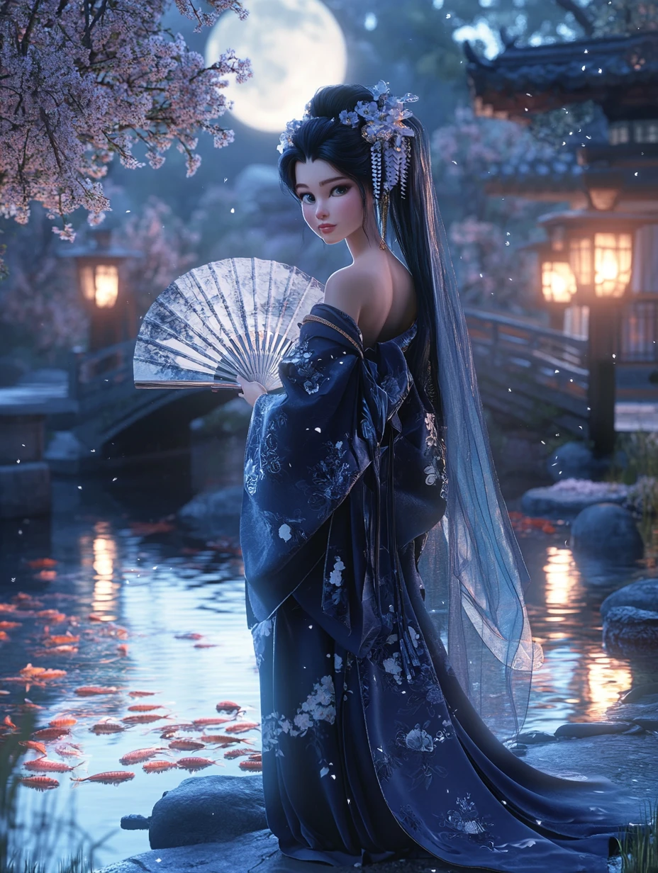 Elegant fairy in kimono by a moonlit koi pond