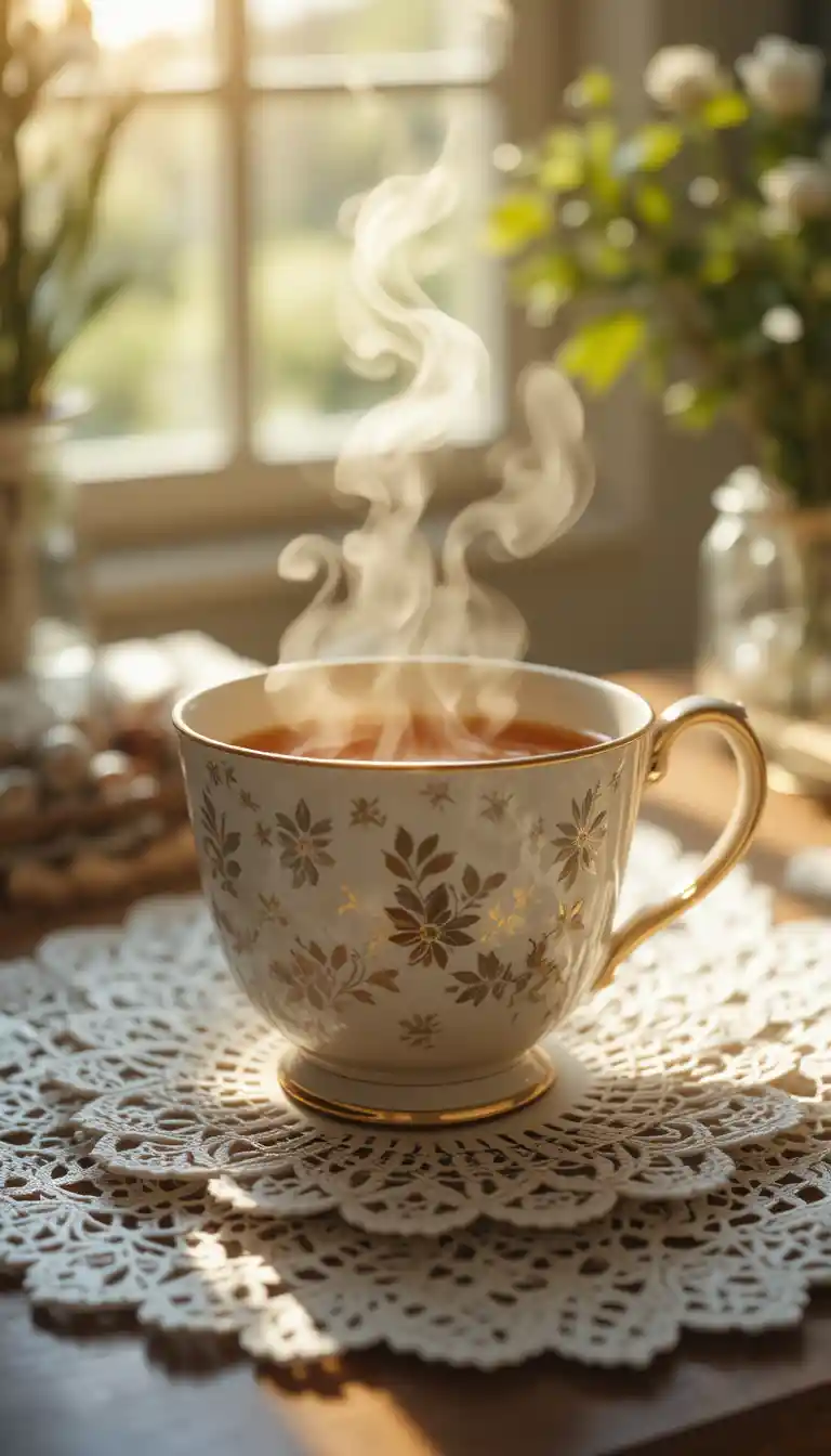 Xícara de chá vintage com infusão de ervas na luz morna da janela
