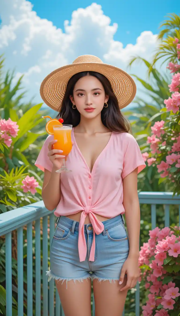 Smiling young woman on sunny balcony with tropical cocktail