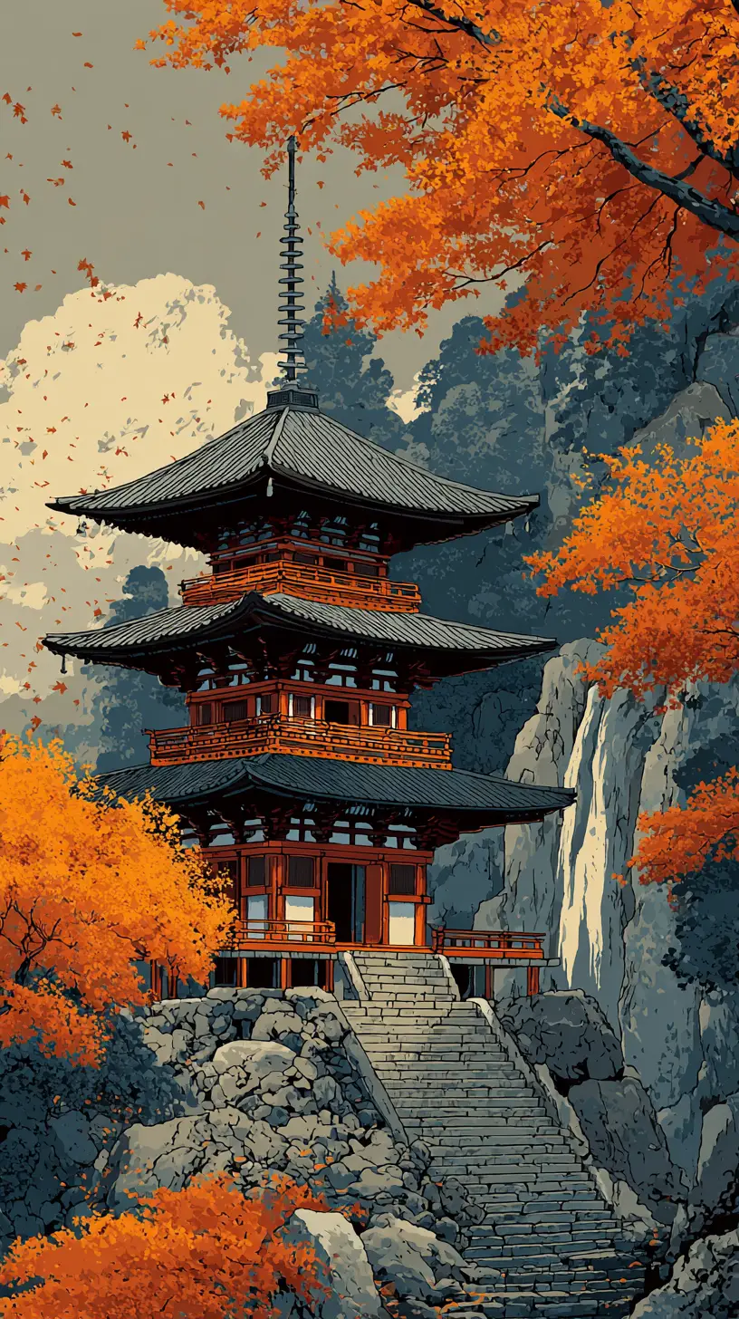 Pagoda in stile ukiyo-e sopra una cascata con foglie autunnali alla deriva