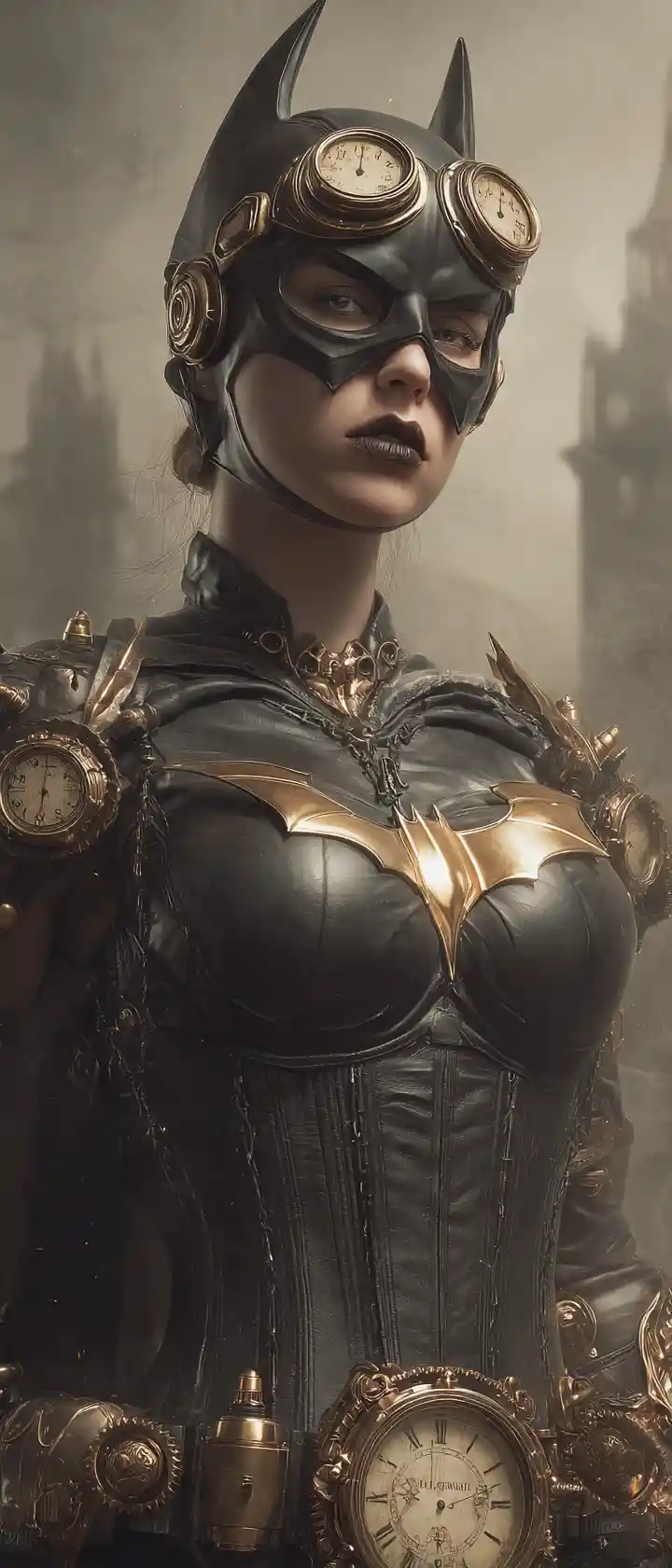 スチームパンクの女戦士のポートレート かすんだ都市のスカイラインを背景に