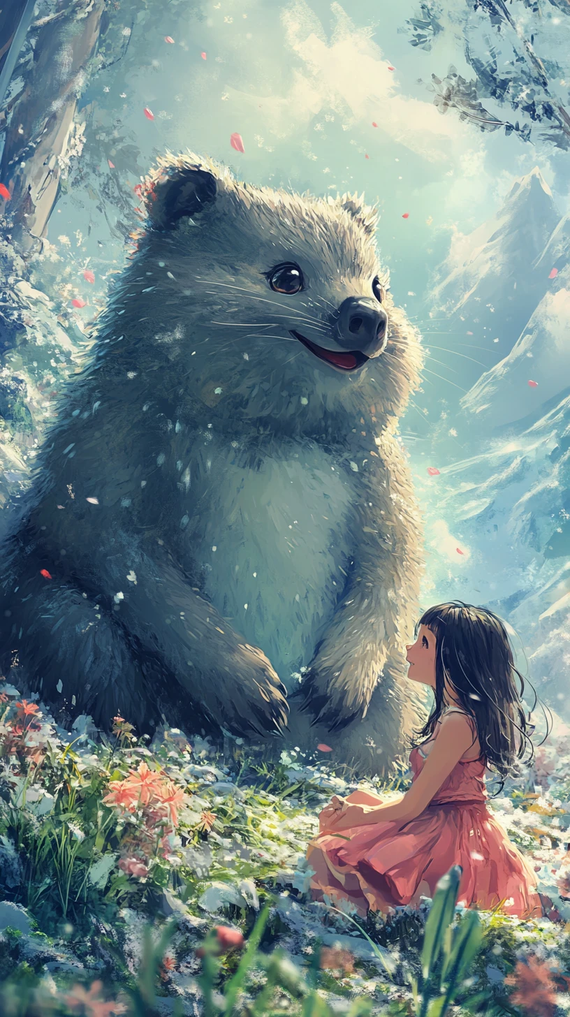 Quokka sorridente e ragazza in una tranquilla campagna pastello